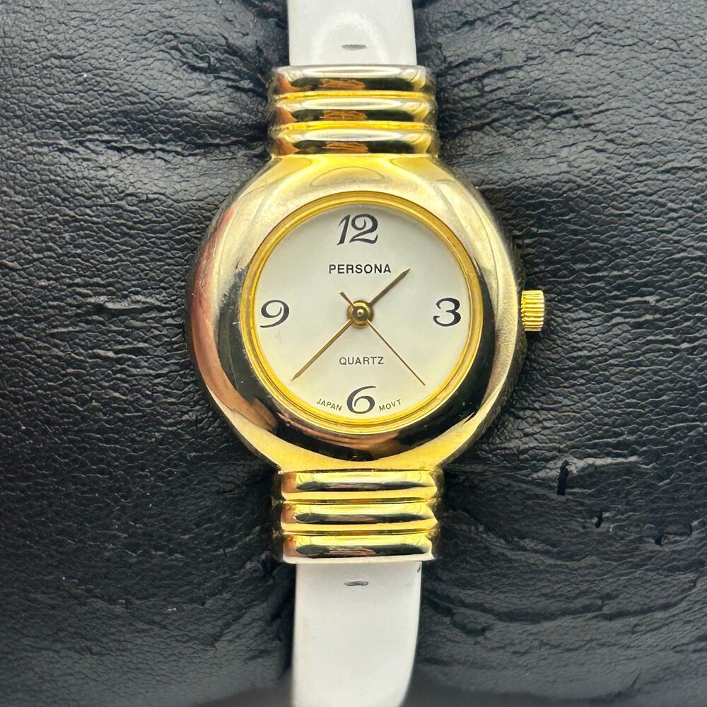Persona Gold Case White Band Women’s Cuff Watch Working New Battery